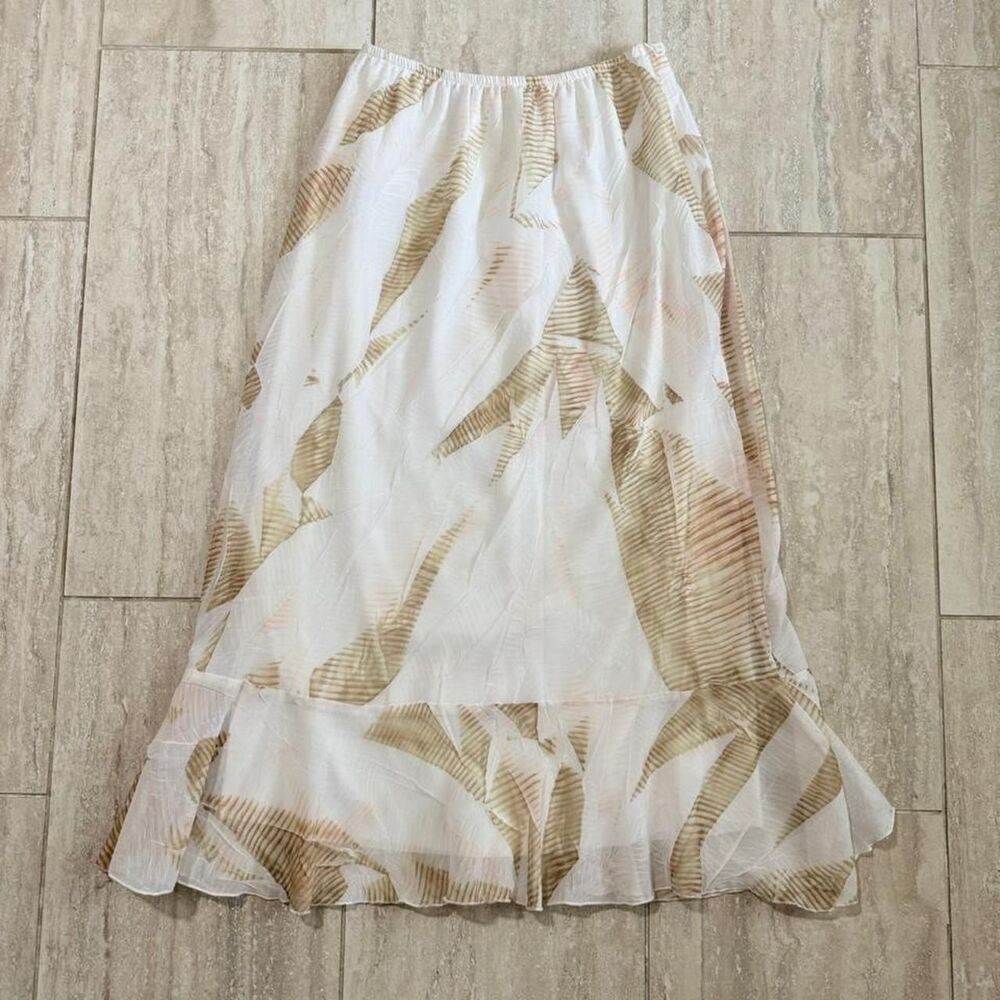90s white and beige abstract leaf-like pattern rayon skirt Size XL